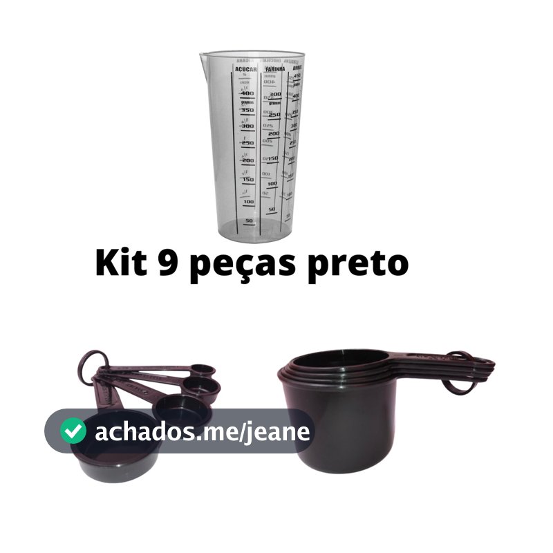 kit 9 peças preto colher xicara e copo medidor casa lar utensílios atacado e varejo