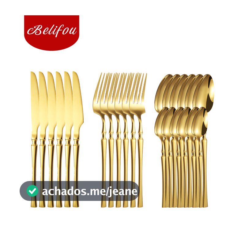 Belifou Kit 24 Jogo De Talheres Aço Inoxidável Cintura Fina Dourado