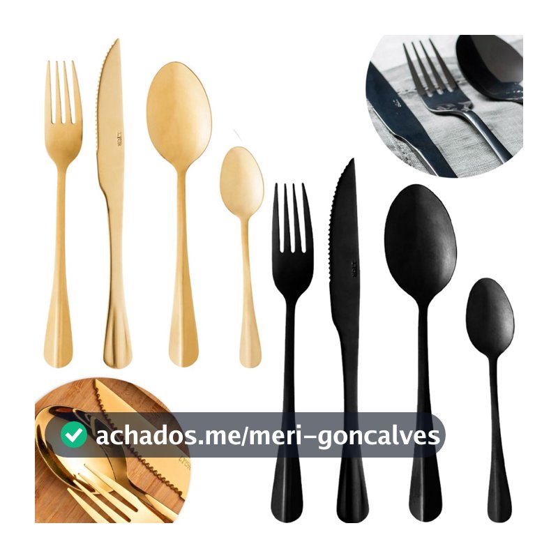 Jogo De Talheres Faqueiro Mesa 24 Peças Garfo Faca Colher Aço Inox Positano Dourado Preto Luxo Lyor