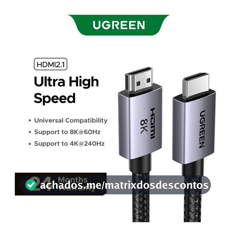 Cabo Trançado De Nylon HDR 3D UGREEN HDMI 2.1 8K60Hz 4K240Hz Compatível Com Laptop/PC/TV/Switch/PS5 Xbox/Displayer