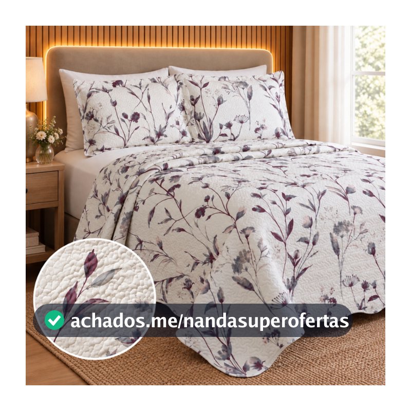 Kit Colcha CobreLeito Estampado 3 Peças Casal Queen King Dupla Face  Matelado 200 Fios Porta Travesseiro Cama Box