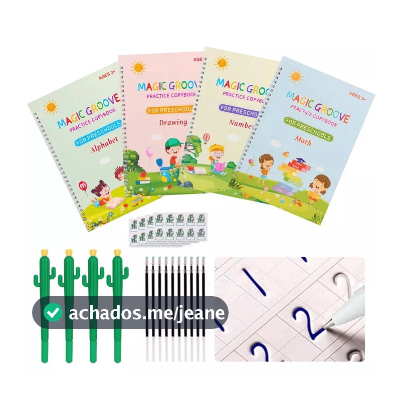 Kit 4 Cadernos de Caligrafia com caneta magica Infantil Reutilizável para Escrita e Aprendizado