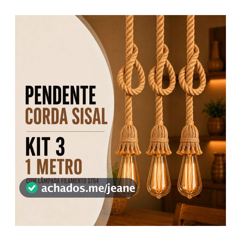 Kit 3 Pendente Corda 1 Metro com 3 Lâmpada Filamento Âmbar ST64 Bivolt 110v/220v Vintage Decorativo