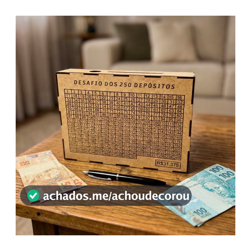 Caixa Cofre MDF Desafio Financeiro - Cofrinho para Juntar e Guardar Dinheiro - Metas 5 Mil, 10 Mil ou 250 Depósitos