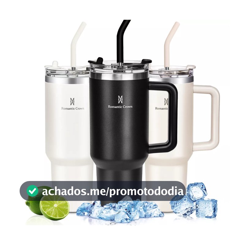 ROMANTIC CROWN Copo Térmico Inox 600ml/1.2L com Tampa Hermética e Canudo Anti Vazamento de Aço Inoxidável