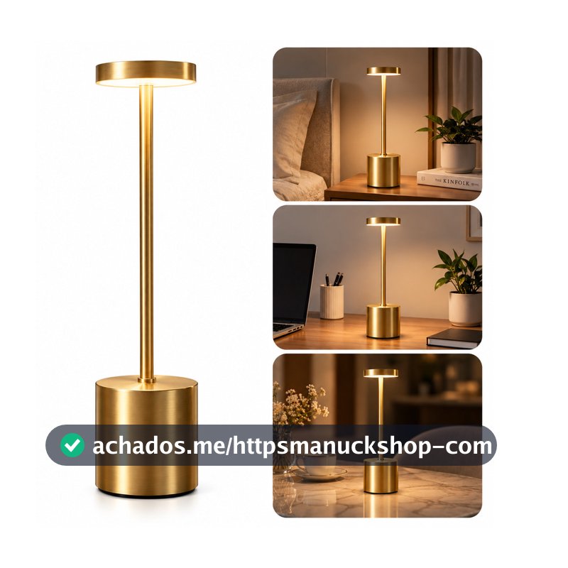 Luminária de Mesa LED Sem Fio Recarregável USB-C Touch 3 Cores de Luz com Brilho Ajustável Abajur Moderno