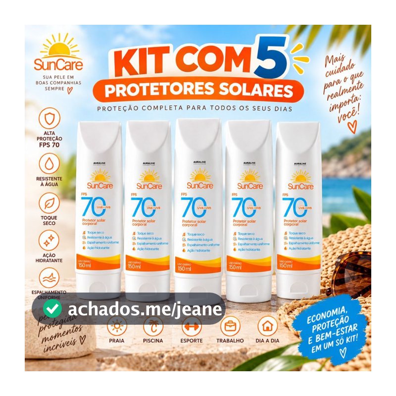 Kit 5 Protetores Solares SunCare FPS 70 Corporal 150ml UVA UVB Toque Seco