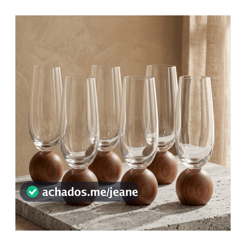 Jogo 6 Taças para champanhe Mori em vidro bubble Esfera Bola madeira acácia 200ml Luxo Moderno