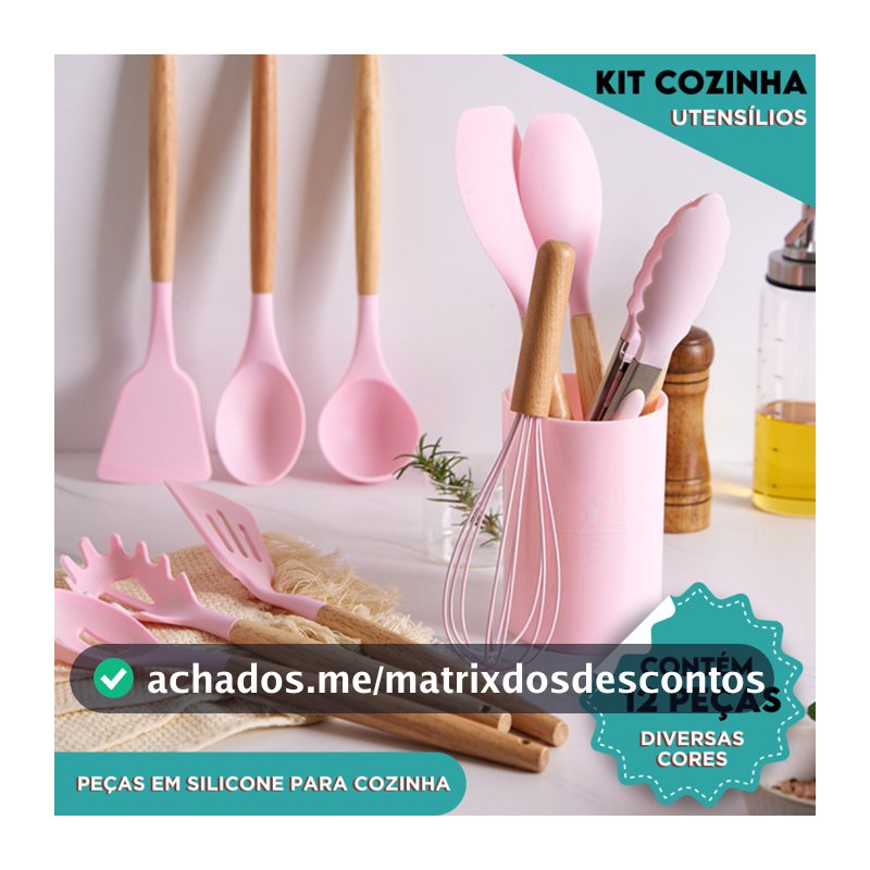 Kit Utensílios de Cozinha  Com 4 5 ou 12 Peças em Silicone com Cabo de Madeira Completo  - CH