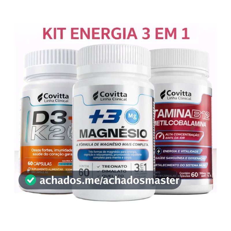 Kit Vitaminas B12 + Vitamina D3 K2 + Magnésio 3 em 1 | 180 Cápsulas - Saúde Completa | Covitta