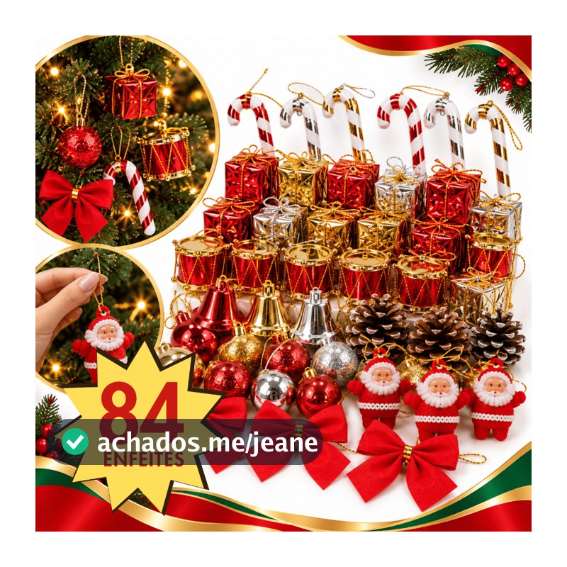 Kit 42/84 Enfeites Decoração Natalina Para Árvore de Natal Guirlanda Pendente Bolinhas Laço Papai Noel