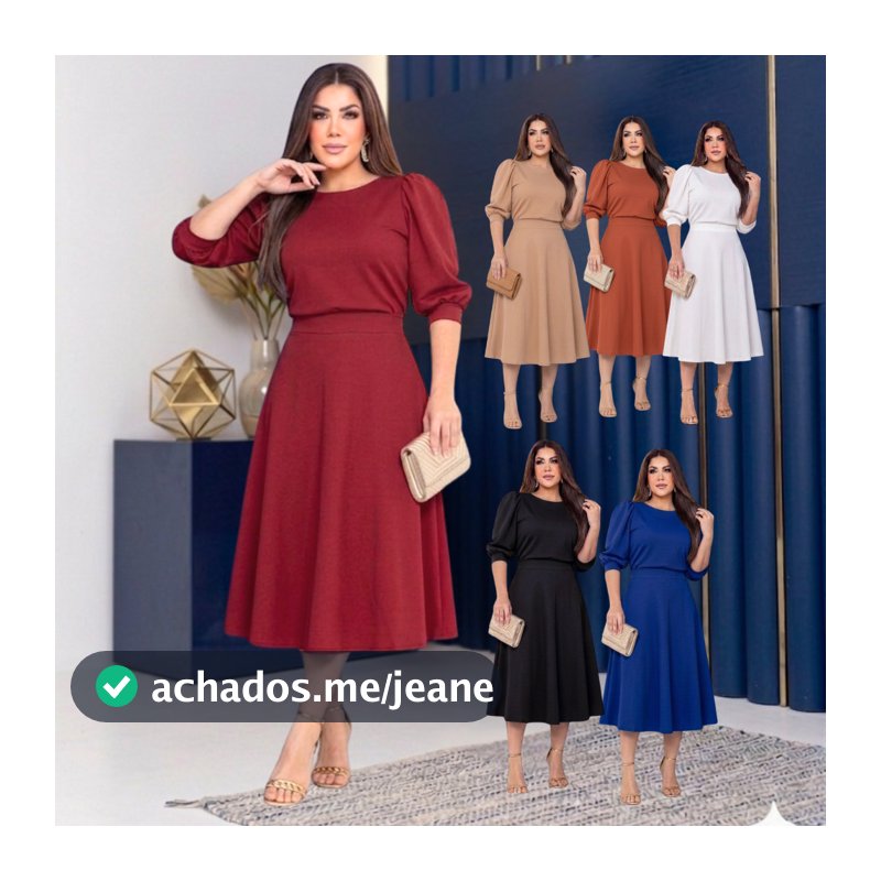 VESTIDO FEMININO MIDI VAZE SOCIAL MANGA 3/4 BUFANTE CREPE MALHA MODA EVANGELICA MODESTA FESTA PLUS