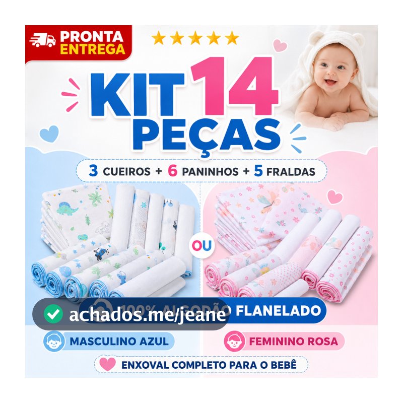Kit 14 Peças Enxoval Bebe 3 Cueiros 6 Paninhos De Boca E 5 Fraldas 100% Algodão Flanelado Estampado