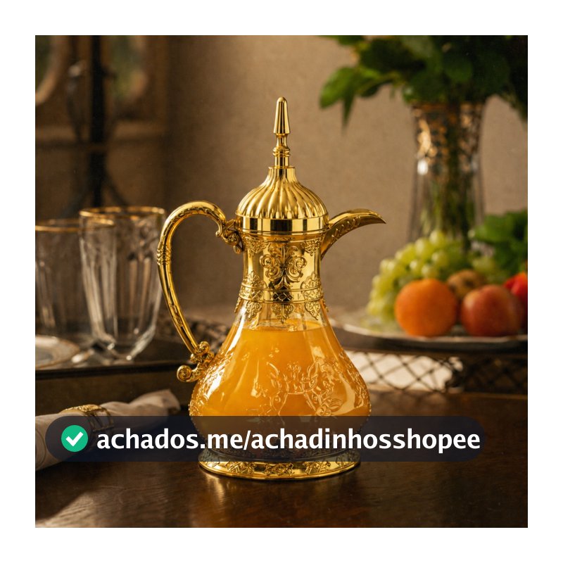 Jarro De Agua Suco Cha Arabe Garrafa 1,6l Detalhes Luxo Dourada Vidro Frio Exclusiva Jarra