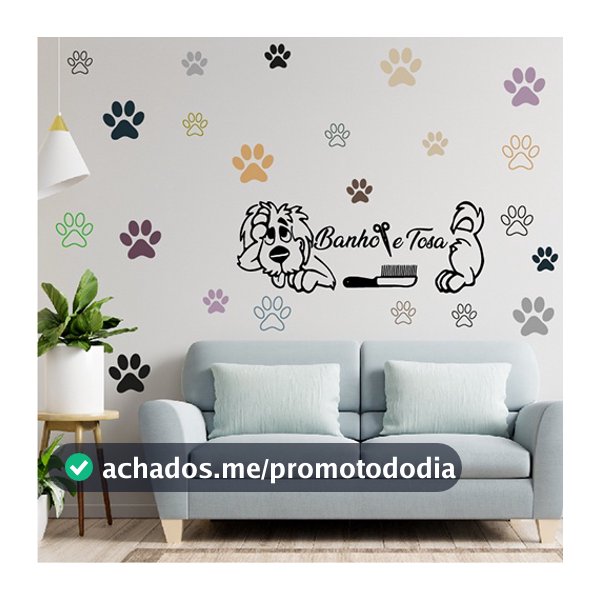 Adesivo de Parede Pet Shop Cachorro 50un Patas Patinhas Colorido Banho e Tosa