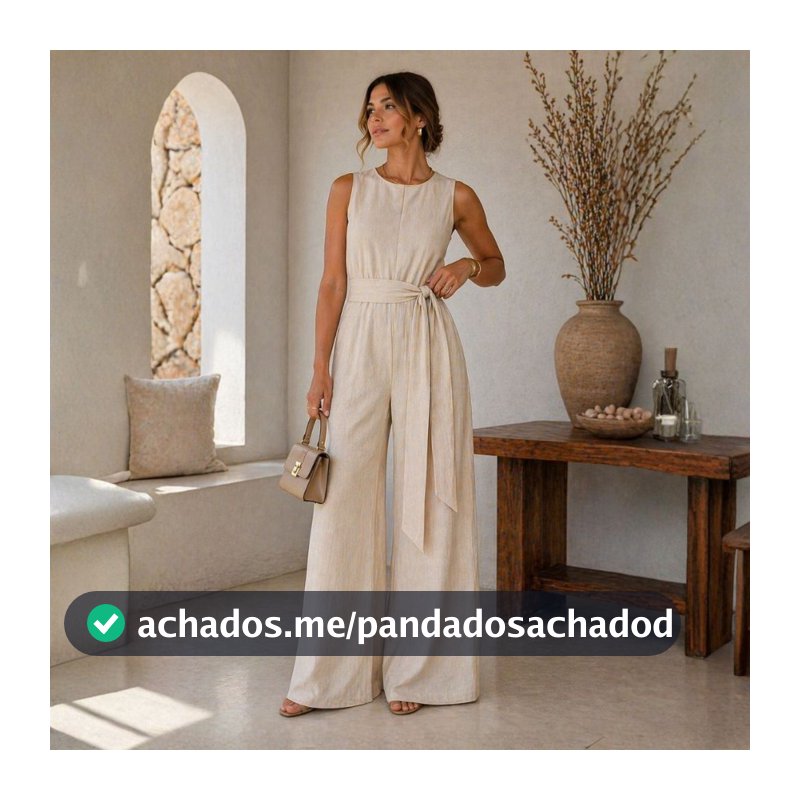 Macacão Feminino Linho Pantalona Elegante Com Faixa Cintura Alta Sem Manga Decote Fechado Longo Premium