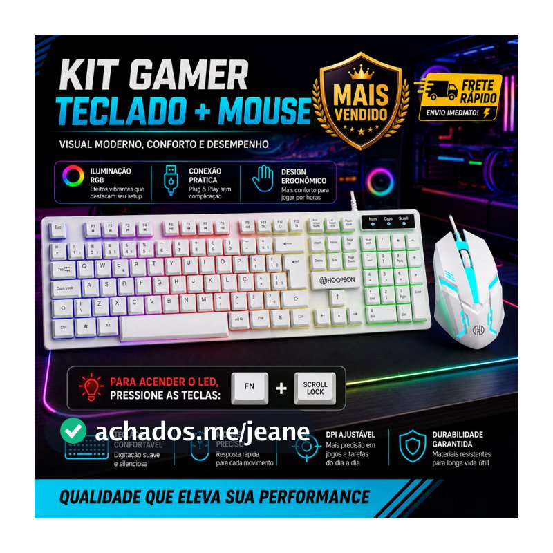 Kit Teclado e Mouse branco Gamer RGB LED USB ABNT2 Profissional com Luz para PC Notebook Promoção