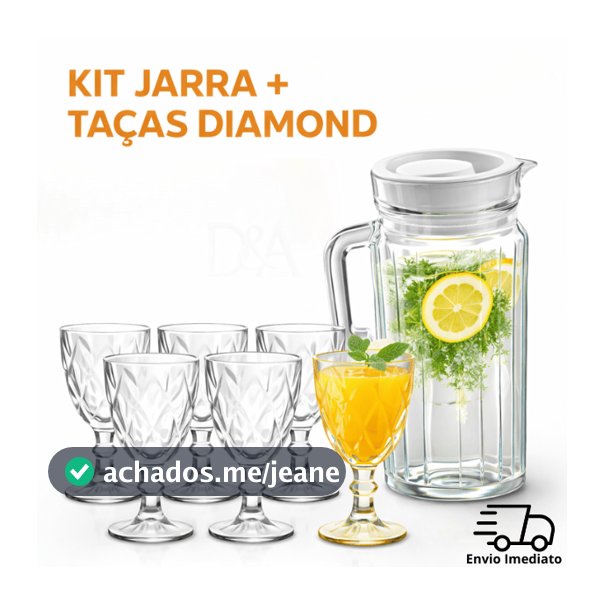 Kit Taças Diamond 320ml Jarra de Vidro Suíço 1 Litro Suco Água Transparente Com Tampa 4 ou 6 Taças