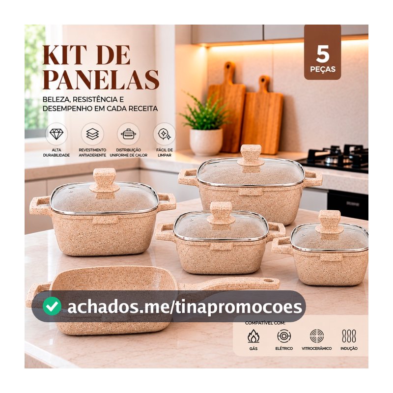 Kit Jogo de 5 Panelas Antiaderente Cerâmica Fundo de Indução Tampa de Vidro Premium