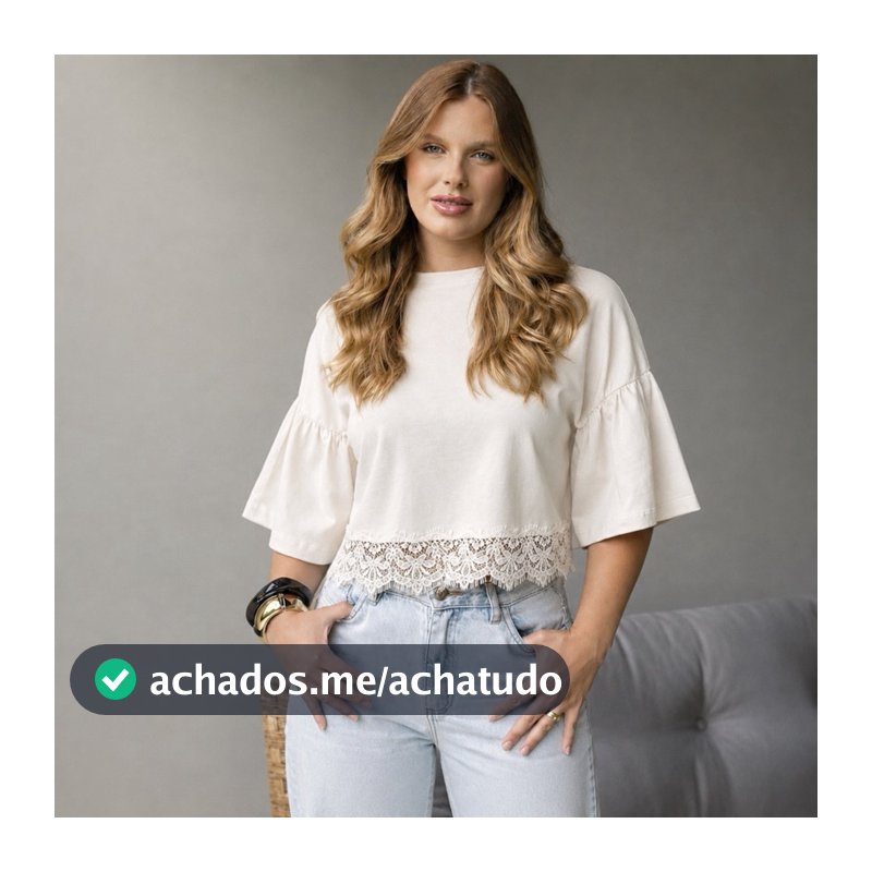 cropped luna oversized com manga de babadinho e renda na barra