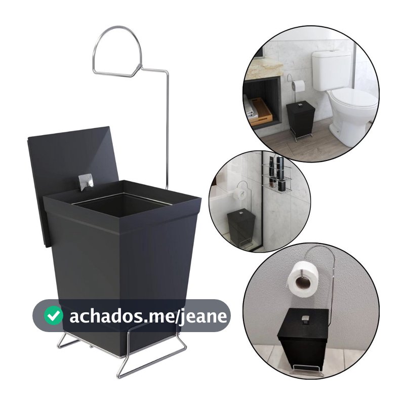 Lixeira Preta 6,5L Stolf com Suporte para Papel Higiênico
