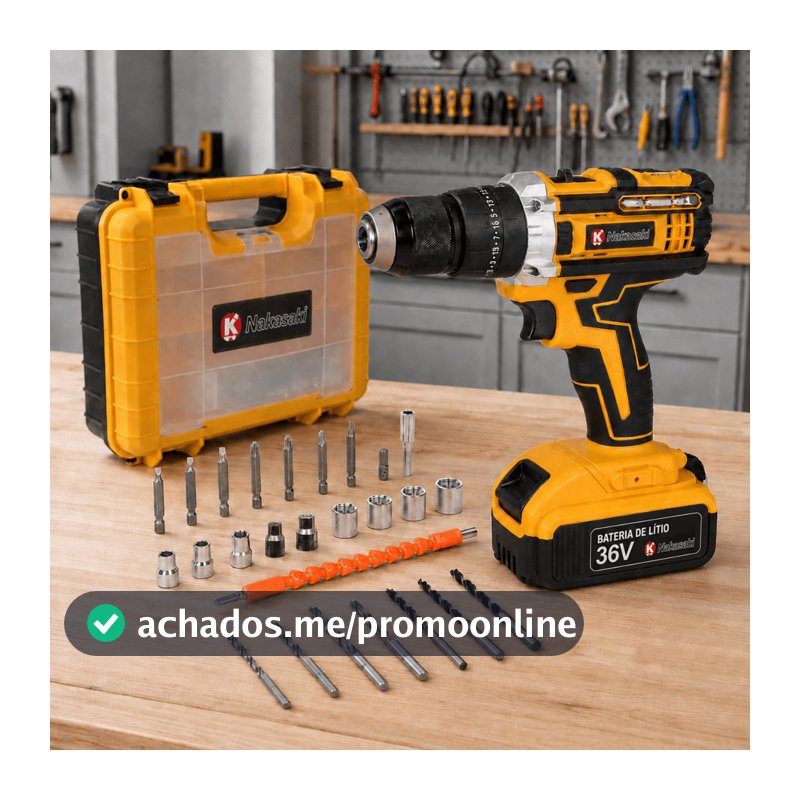 Parafusadeira e Furadeira de Impacto Profissional 36V Sem Fio Mandril 13mm Nakasaki Com Maleta