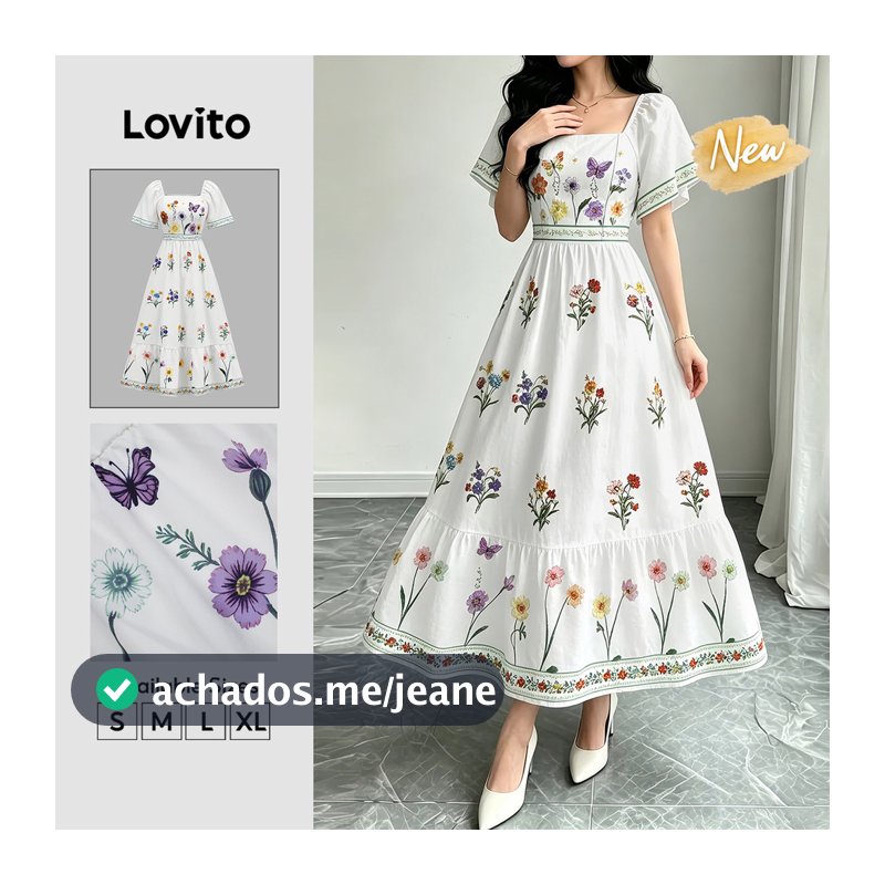 (New Arrival) Lovito Vestido Feminino Boho Floral Longo babados/zíper Corte a Casual Fim De semana/férias primavera/verão DRB39BR148
