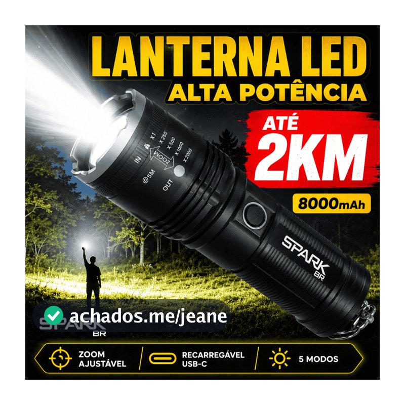 Lanterna Tática Luz Forte Led Militar 2000 Lumens Bateria Interna 6H Powerbank Recarregável 8000 MaH