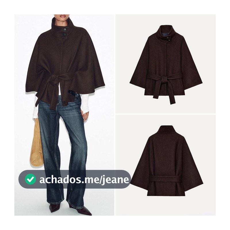 ZA Casaco curto feminino com decoração em camadas de inverno e cinto2405161