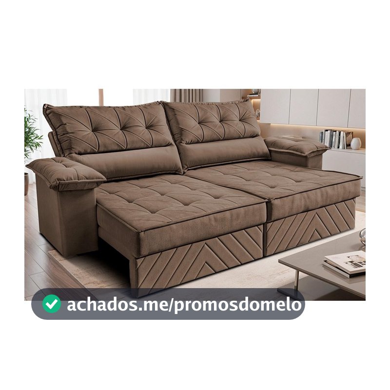 Sofá Retrátil e Reclinável 2,10m com Molas e Espuma D33 Thunder. Velusoft Cama inBox