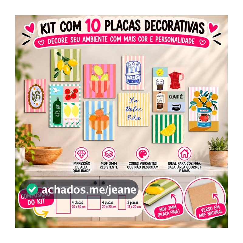 quadros para cozinha COPA Retrô vintagen - listras vasos flores frutas la doce vida cantinho café kit 10 placas MDF