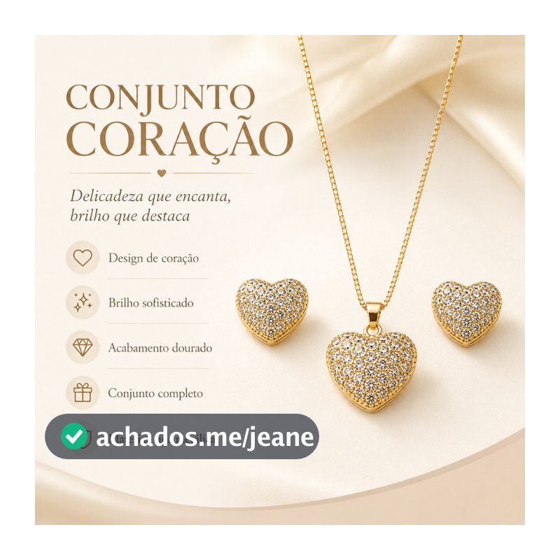 Conjunto Feminino Coração com Colar e Brincos, Pedras Brilhantes para Presente