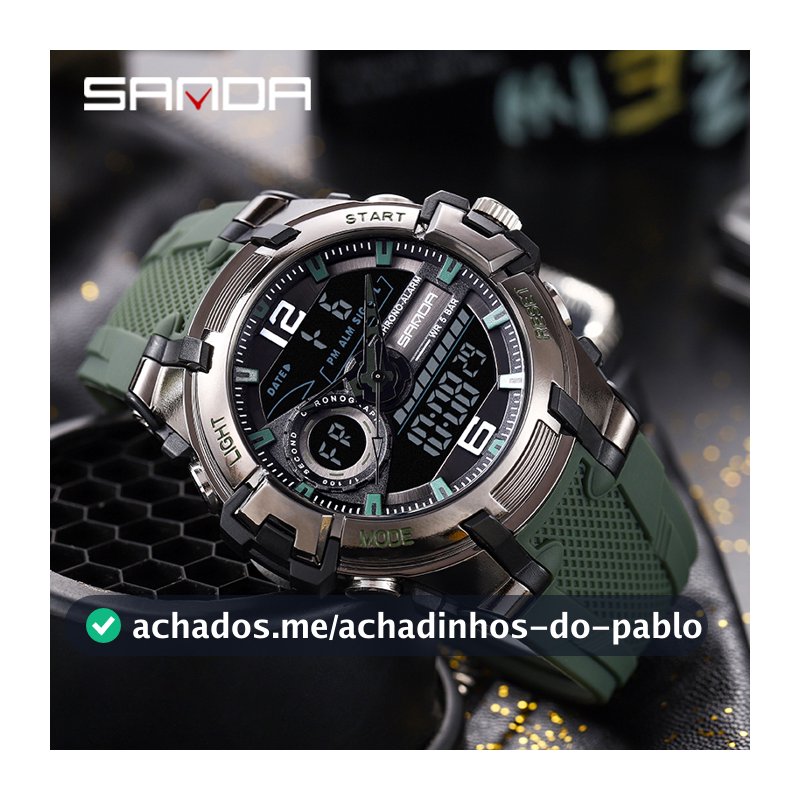SANDA Relógio Esportivo Masculino Relógio à Prova D'água Exército Verde Analógico Militar Moda LED Digital Multifuncional Relógio Masculino