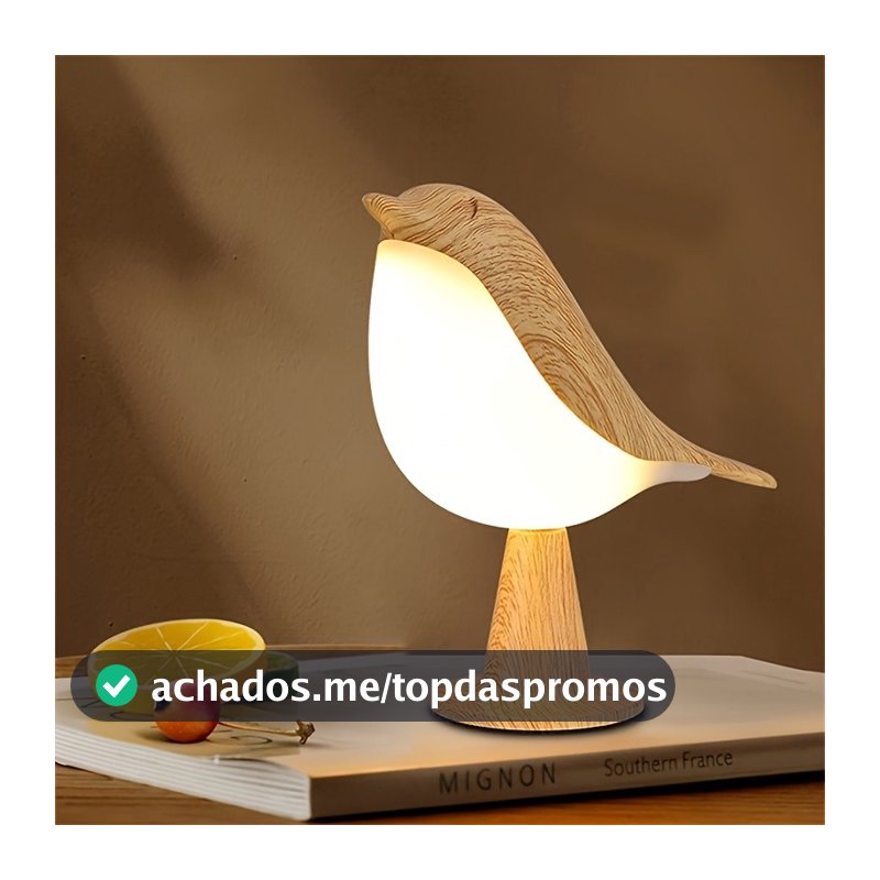 Abajur Pássaro Touch Dimerizável | Luminaria de Mesa Madeira Recarregável USB | Decoração Quarto