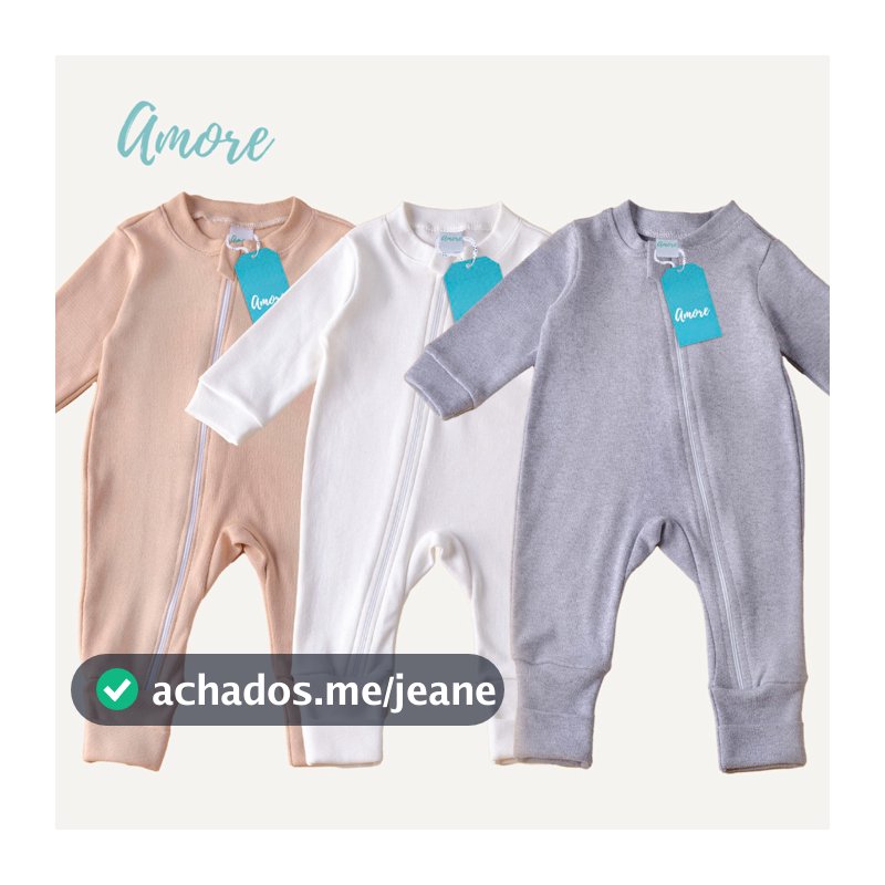 Kit 3 Macacão Bebê Amore Neutro Vira Pé com Zíper 100% Algodão
