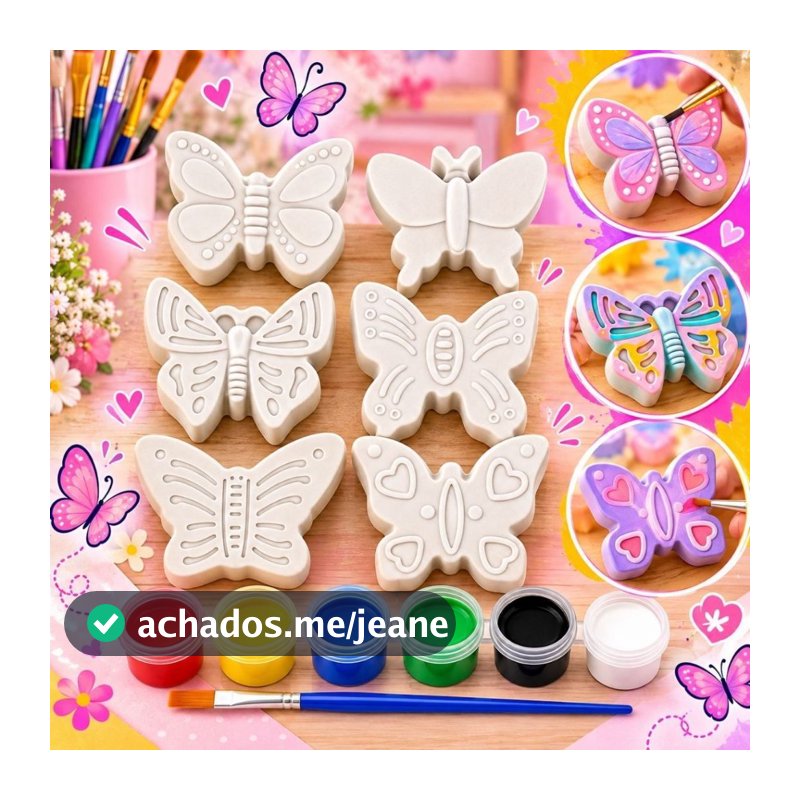 Kit Pintura Infantil 6 Borboletas De Gesso Para Pintar + 6 Tintas Guache + Pincel Brinquedo Criativo Meninas