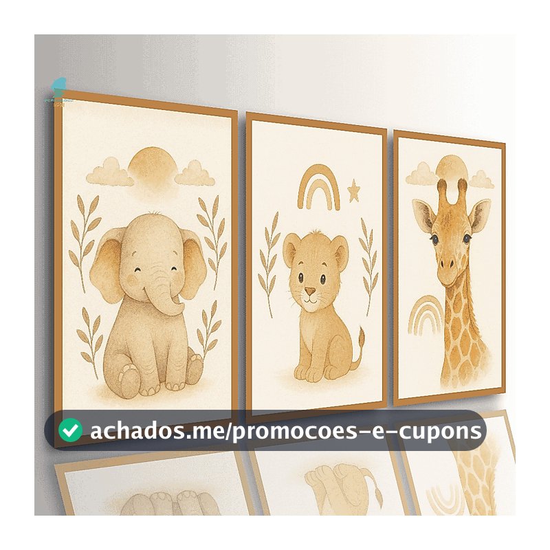 Quadros Decorativos Infantil Trio Safari Bege Bichinhos Fofos Bebê Quarto