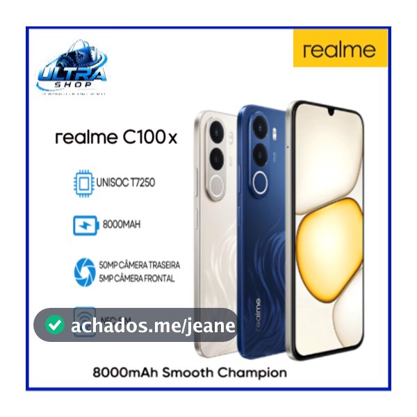 Smartphone Realme C100x 4G, Versão Global, 256GB + 4GB RAM, Processador Unisoc T7250, NFC, Câmera 50MP, Bateria 8000mAh