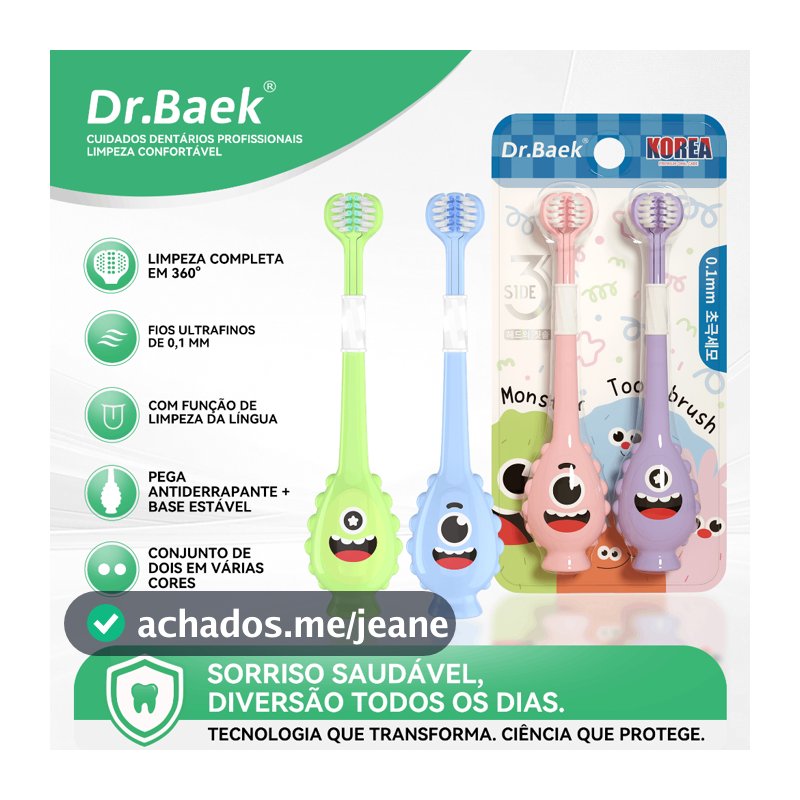 Dr.Baek Escova Dental Infantil U-Shape 3 Lados Limpa,Cerdas 0.1mm Macias+Raspador Língua,3-12 Anos