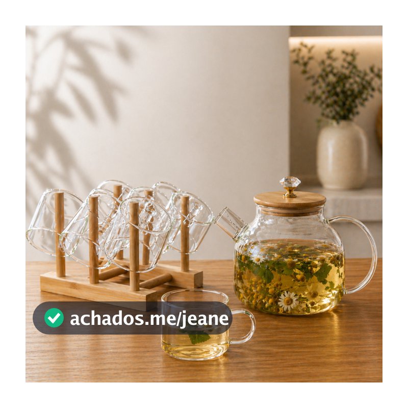 Chaleira de Vidro Borossilicato 1 Litro Tampa Suporte Bambu com 6 Xicarás Pode ir Fogo Boro Herbal