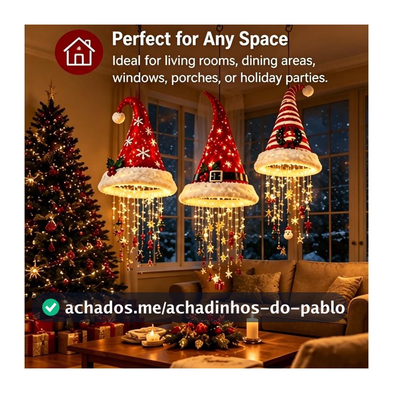 Luz de Natal pendente em forma de chapéu de Natal com enfeites.