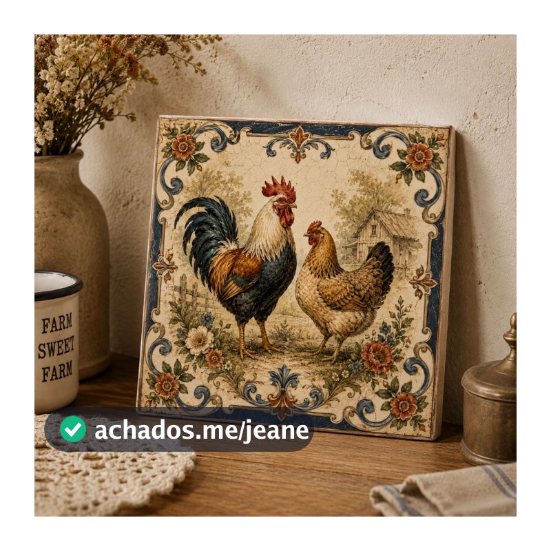 Azulejo Decorativo Country Galo e Galinha Vintage - 15x15 Cm