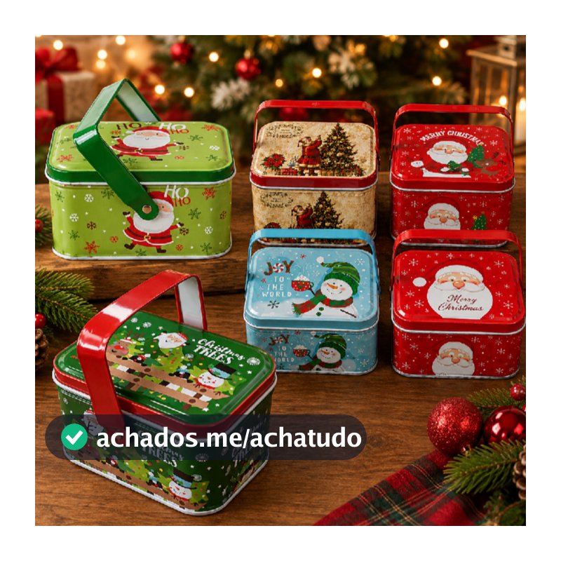 Kit Lata de Metal Retangular com Alça de Natal - Porta Doces e Lembrancinha - 6x10,5x8cm - Rizzo