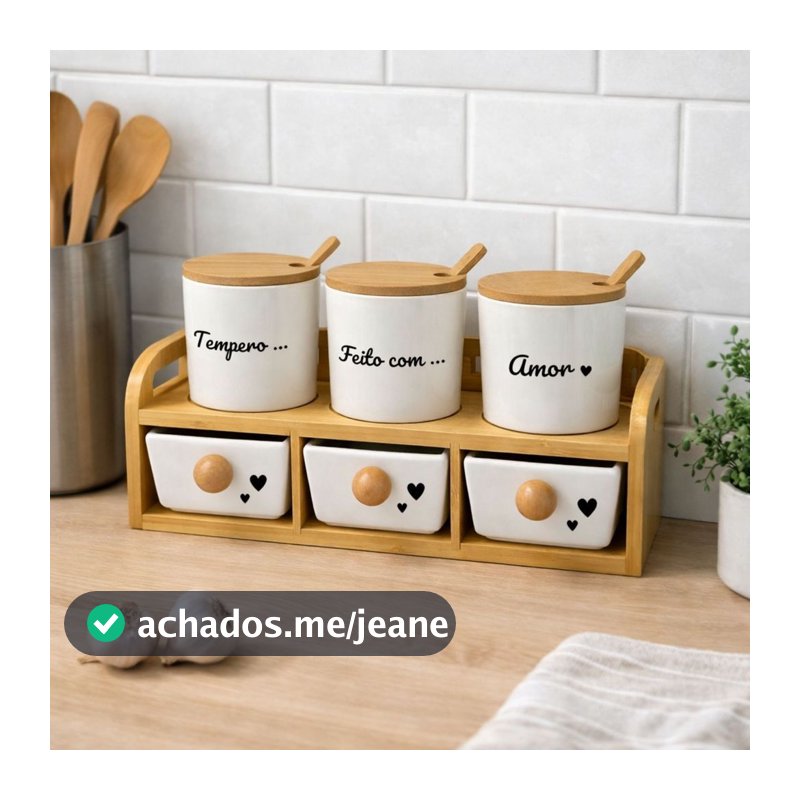 Kit Porta Temperos 3 Potes de Cerâmica com Tampa e Colher de Bambu + 3 Gavetas Organizadoras | Suporte de Bambu Cozinha