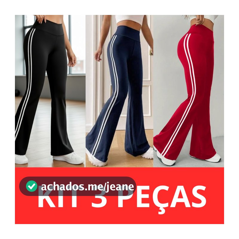 Kit 03 Calças Bailarina Cintura Alta Com Listras nas Laterais Moda
