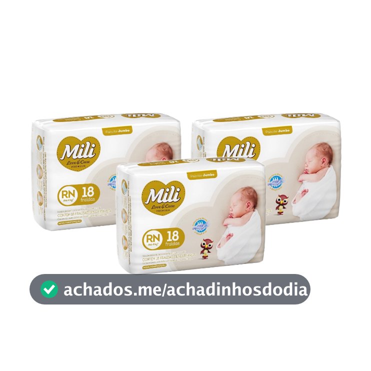 Kit 3 Pacotes Fralda Mili Love & Care RN 18un cada até 4 kg - Total 54un