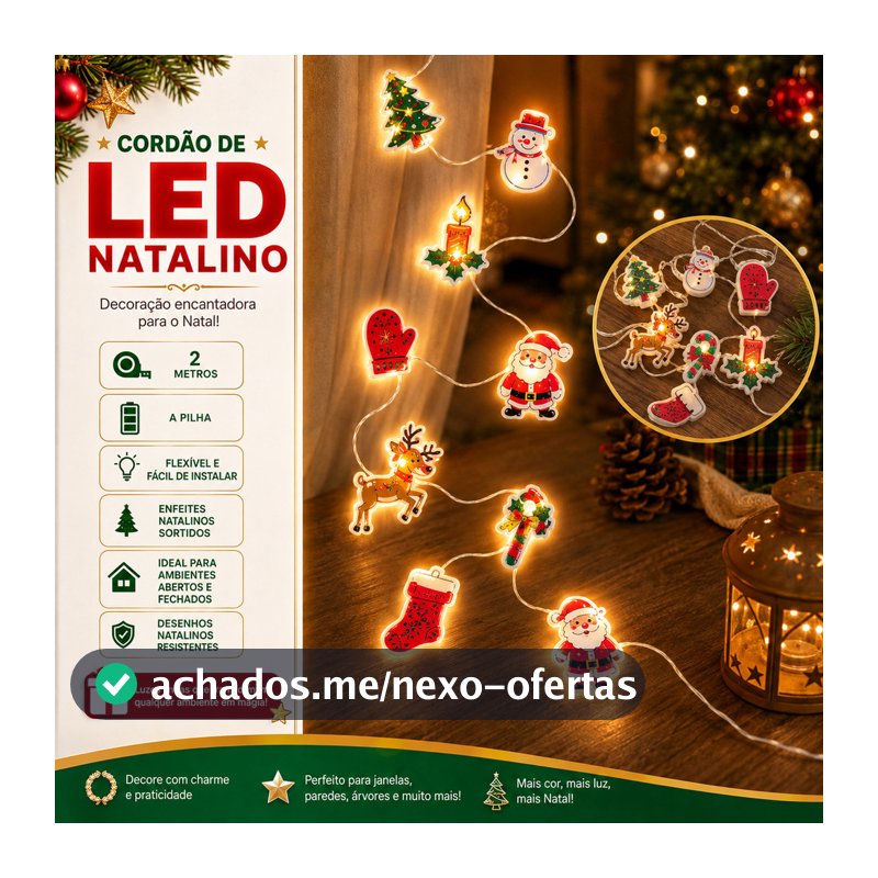 Cordão De Luz De Natal led 2 Metros Desenhos Diversos Luxo Metal com Luzes Natalinas
