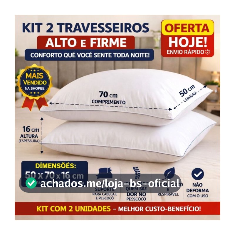 Kit 2 Travesseiros 50x70cm Alto e Firme Antialérgico Lavável Conforto Premium Macio
