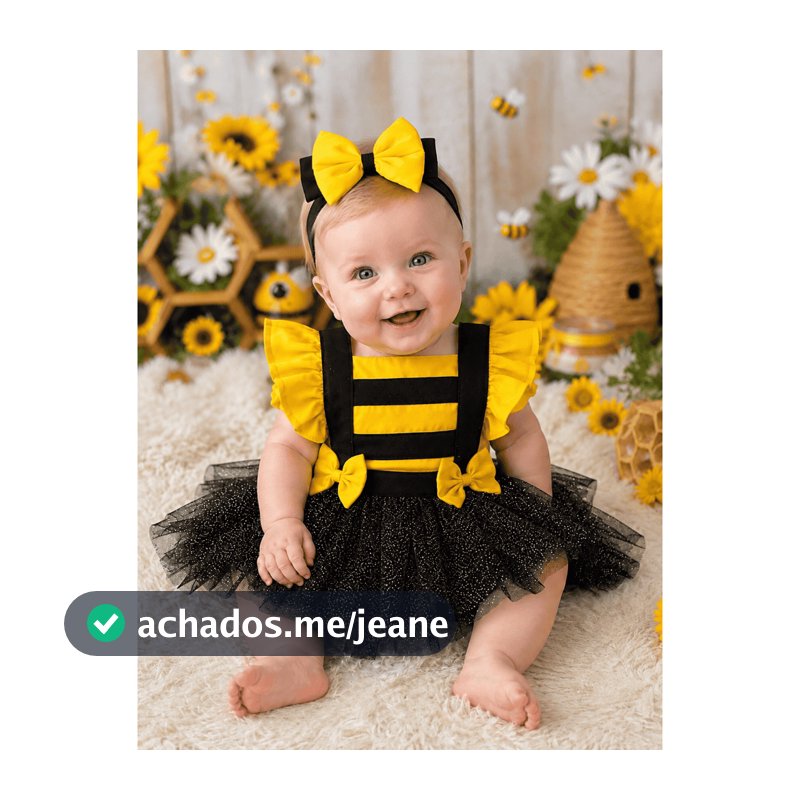 Jardineira Saia Fantasia Glitter Tule Premium Abelhinha Mesversário Infantil Romper Bebê Temática