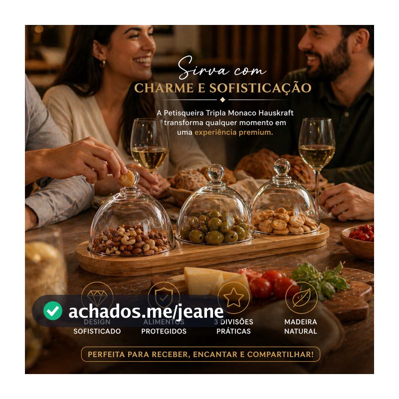 Petisqueira Tripla Com Tampa Cristal Madeira Hauskraft